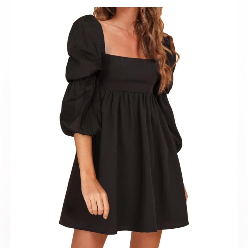 EXLURA Black Square Neck, Puff Sleeve Dress